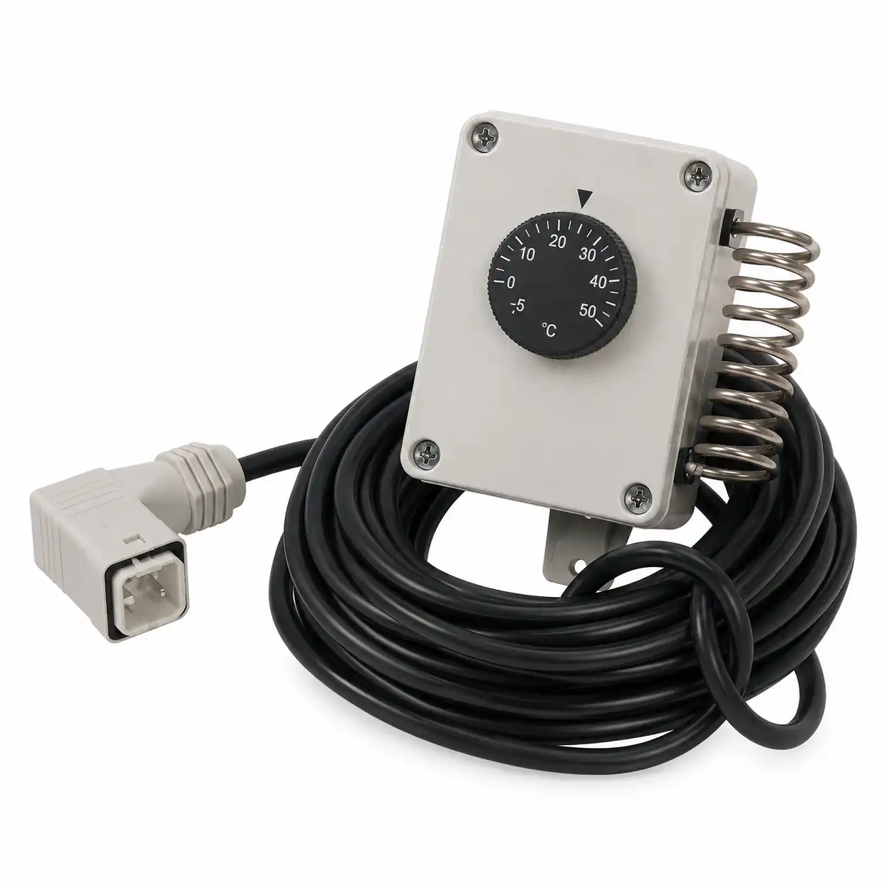 termostat-za-poljoprivredu-i-gradiliste-minus5-50c-kabl-10m-uticac-90-stepeni-02ac582 Regulator temperature sa brojčanikom od 0 do 50°C, metalnim spiralnim senzorom i dugim crnim kablom sa pravougaonim konektorom.