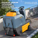 Chancee mašina za čišćenje poda na stazi sa tekstom koji opisuje pogon na zadnjim točkovima i mogućnosti ove ride-on mašine.