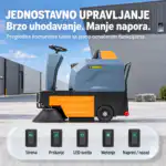 Chancee mašina za čišćenje podova sa volanom i kontrolnom pločom koja prikazuje pet označenih ikona za lako rukovanje uređajima.