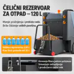 Kanta za otpad od čelika za QLEEN mašinu od 120 litara, prikazana pored šest kanistera za vodu od po 20 litara zapremine.