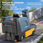 Ride-on mašina za čišćenje podova na nagibu sa srpskim tekstom koji ističe visoke performanse i održavanje uređaja.