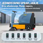 Bočni profil industrijske podne čistilice Chancee plavo-narandžaste boje na betonu sa šest označenih kontrolnih ikonica.