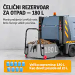 Industrijska mašina za čišćenje sa odvojivim kontejnerom od 180 litara punim suvog lišća, pored devet posuda za vodu.