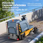 Plava i narandžasta Chancee industrijska mašina za čišćenje podova na asfaltiranoj kosini sa tekstom o njenim funkcijama.