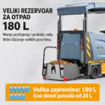 Velika industrijska metla sa kontejnerom od 180L punim lišća pored teksta koji opisuje njen kapacitet i mnoge prednosti.