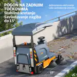 Industrijska mašina za čišćenje Chancee sa pogonom na zadnjim točkovima na kosoj stazi sa tekstualnim opisima njenih funkcija.