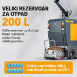 Industrijski vakuum za otpad sa čeličnim rezervoarom od 200 litara i korpu punom suvog lišća na betonskom podu radionice.
