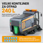 Industrijska mašina za čišćenje podova sa kontejnerom od 240 litara, sa tekstom koji promoviše veliki kapacitet i efikasnost.